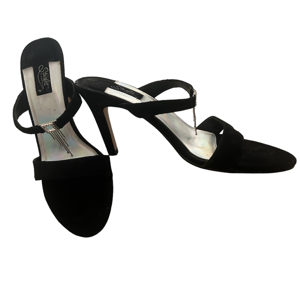 Starlet by Star Jones. Black Velvet with Silver Deco Tassels. Size 7.5 Sandals.
